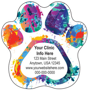 Paw print veterinary sticker featuring colorful paint splash artwork surrounding a customizable clinic information area.

