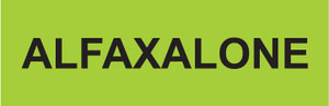 ALFAXALONE label with black uppercase text on a bright green rectangular background

