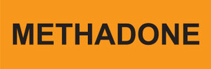 METHADONE label with black uppercase text on a bright orange rectangular background


