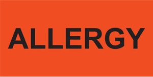Bright orange rectangular sticker with bold black ALLERGY text