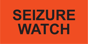Bright orange rectangular sticker with black text reading SEIZURE WATCH

