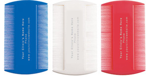 Red, white, and blue personalized pet combs with centered silver vertical imprint displaying a clinic name, phone number, and website address within the custom imprint area.

