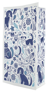 A flat bottom bag with a white background features a detailed pattern of blue illustrations of cats, dogs, birds, flowers, and leaves arranged in a decorative, whimsical design.

