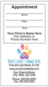 Veterinary sticker appointment business card with colorful distressed paw print graphic, light gray background, vertical layout, and peel-off appointment reminder section.

