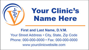 Veterinary business card featuring a blue veterinary staff symbol over an orange letter V with blue and orange circular accents and contact information.

