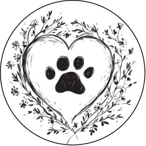 Round veterinary envelope seal featuring a heart with a centered paw print surrounded by a floral wreath inside a circular border.

