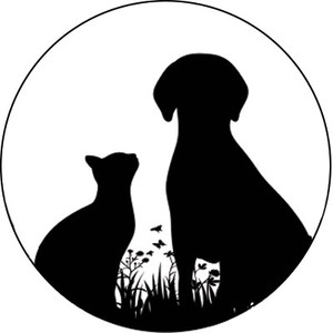 Round veterinary sticker with black dog and cat silhouettes above grass and plant details inside a circular border.
