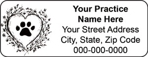 Veterinary label with heart outline, paw print, and floral line details