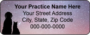 Veterinary label with starry sky background and dog and cat silhouettes