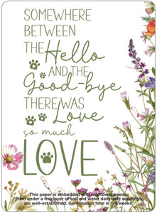 Wildflower seed memorial insert featuring a green remembrance quote, paw print accents, and colorful wildflowers along the right side and bottom border.