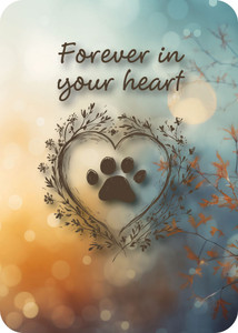 Front features “Forever in your heart” with a heart-shaped paw print illustration and floral accents; back displays a remembrance message with paw prints on a soft bokeh background.

