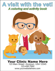 Personalized coloring book cover titled "A Visit with the Vet" featuring a veterinarian with a cat, dog, bird, and small pet. Custom clinic information area includes space for name, address, phone number, and website.

