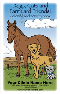 Personalized coloring book featuring a horse, dog, and cat on the cover with custom clinic information area. Interior pages include animal coloring scenes, farm-themed illustrations, mazes, connect-the-dot activities, path-following puzzles, and counting games.

