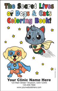 Personalized coloring book with superhero dog and flying superhero cat on the cover, custom clinic contact area, and interior coloring pages featuring pets in space, music, sports, art, fishing, snorkeling, and outdoor adventure scenes.

