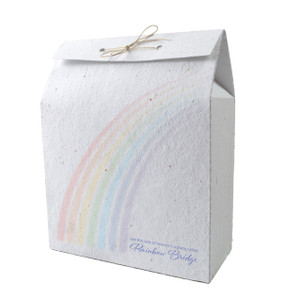 Plantable memorial bag featuring a pastel rainbow and the message “Just this side of heaven is a place called Rainbow Bridge.”