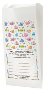 White Paper veterinary prescription bag with colorful pet doodle pattern design.