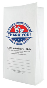 White paper veterinary prescription bag featuring veterinary prescription bags with patriotic dog and cat Thank You badge design