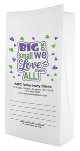 White paper veterinary prescription bag featuring veterinary prescription bags with bold Big or Small We Love Them All design and hearts