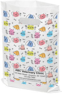 Plastic white tote bag with illustrations of dogs and cats waving in various colors.