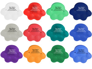 Paw shaped bag clips shown in multiple color options with a custom clinic imprint displaying business name, phone number, and website in the upper center imprint area.

