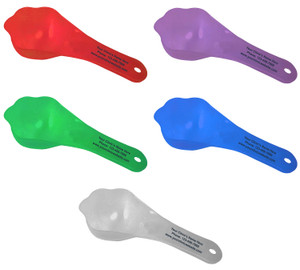 Paw shaped food scoop shown in red, purple, green, blue, and translucent colors with black clinic name, phone number, and website information printed on the handle imprint area.

