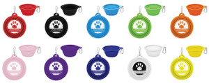 Collapsible pet bowl with distressed paw print artwork, smaller paw prints above custom contact information, and metal carabiner clip, shown in multiple colors.

