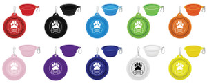 Collapsible pet bowl featuring a large paw print inside a circular border with a bone-shaped banner, custom contact information, and metal carabiner clip.

