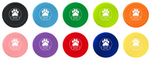 Large paw print and dog bone graphic within a circular border featuring custom veterinary clinic information on a personalized silicone flier.

