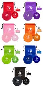 Personalized Pet Play Kit available in red, purple, pink, orange, green, blue, and black colors featuring a heart outline with a paw print and customizable clinic information on the drawstring bag, collapsible pet bowl, silicone flier, and pet waste dispenser.

