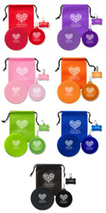 Personalized Pet Play Kit available in red, purple, pink, orange, green, blue, and black colors featuring a heart made from paw prints with the message "We love pets!" on a drawstring bag, collapsible pet bowl, silicone flier, and pet waste dispenser.

