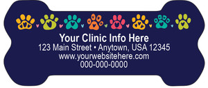 Bone-shaped veterinary sticker featuring colorful paw prints with heart accents on a navy blue background and customizable clinic information.

