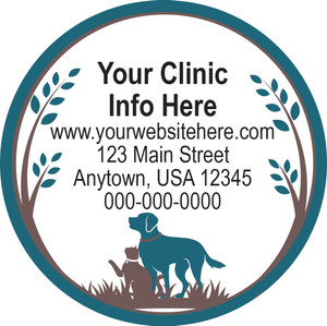 Circle veterinary die-cut magnet featuring dog and cat silhouettes beneath leafy branches with teal border accents and personalized clinic information.


