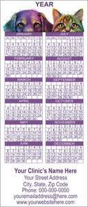 Colorful dog and cat portraits above a purple year slim calendar with two-column month layout and personalized business imprint area below.