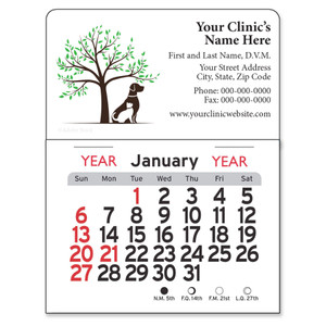 Mini calendar featuring a green leafy tree with dog and cat silhouettes, customizable veterinary clinic information area, and monthly calendar pad below.


