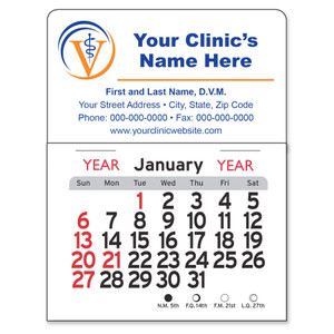 Mini calendar featuring a blue and orange veterinary caduceus logo, customizable clinic contact information, and monthly calendar pad with traditional date layout.

