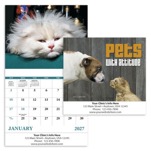  Personalized Full Size Wall Calendar featuring humorous pet photography with expressive dogs and cats, funny captions, and a custom business imprint area.