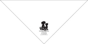 Large personalized pet bandana featuring a black silhouette of a dog and cat with two smaller pet silhouettes below and customized clinic contact information underneath.

