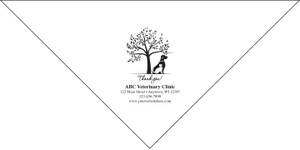Personalized pet bandana featuring a leafy tree with a seated dog silhouette above a “Thank you!” message and custom veterinary clinic name, address, phone number, and website information.

