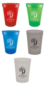Personalized pet food measuring cup featuring a leafy tree and sitting dog illustration above a "Thank you!" message with custom veterinary clinic name, address, phone number, and website information.