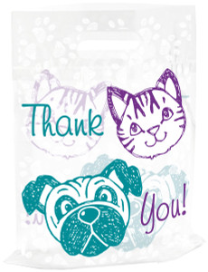 Clear 12x15 Tote bag Thank You  faces of dog and cat in teal and purple. Tote93