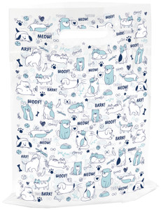 Clear tote bag with blue dog and cat pattern, paw prints, bones, and playful text. Tote90
