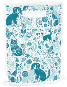 Veterinary tote bag with teal dog and cat illustrations, floral and leaf patterns, and decorative pet-themed design on clear plastic. TOTE91