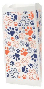 White veterinary bag with blue and orange paw prints in a scattered repeating pattern

