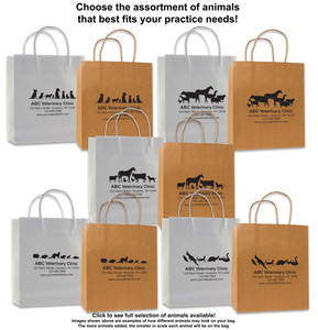 Kraft and White paper bags with multiple animal silhouette designs and customizable clinic detail area.