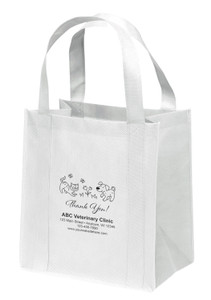 Simple thank you design with line drawings of a dog and cat playing above flowers, featuring the text “Thank You!” and sample veterinary clinic details including name, address, phone number, and website on the non woven tote bag.