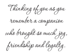 Sympathy message in cursive script reading “Thinking of you as you remember a companion who brought so much joy, friendship and loyalty.” on a light background.