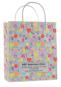 Veterinary handled paper bags featuring multicolor pet icons pattern with paw prints stars houses and center information panel