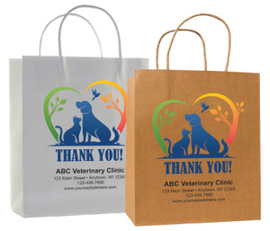 White and kraft veterinary handled bags with dog and cat silhouette heart design, “THANK YOU!” text, and centered clinic information panel.