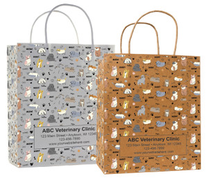 Kraft and white handled veterinary prescription bags showing a repeating pattern of illustrated dogs and cats with paw prints, bones.
