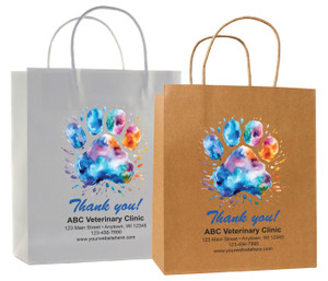 veterinary handled bag with multicolor paint splash paw print and thank you text shown in kraft and white\